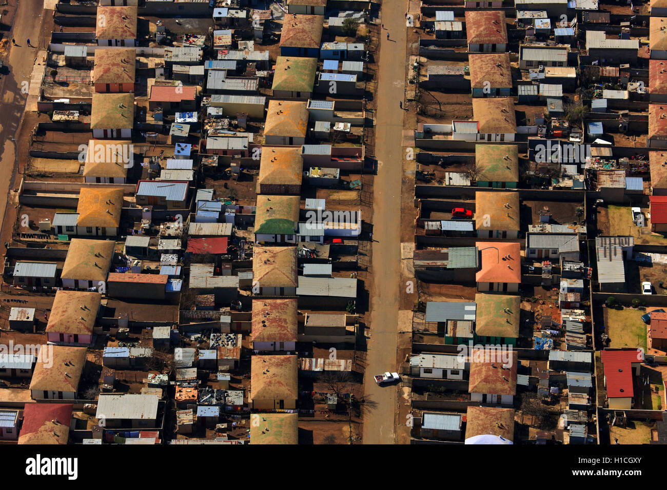 Luftbild der formalen Siedlung in Soweto, Johannesburg, Gauteng, Südafrika Stockfoto