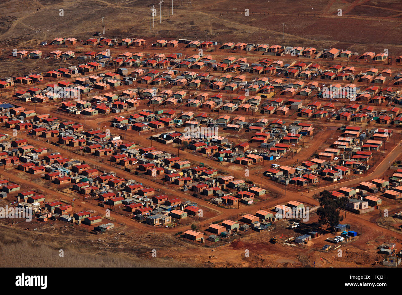 Luftaufnahme von Low-Cost-Housing in Rietvallei, Soweto, Johannesburg, Gauteng, Südafrika Stockfoto