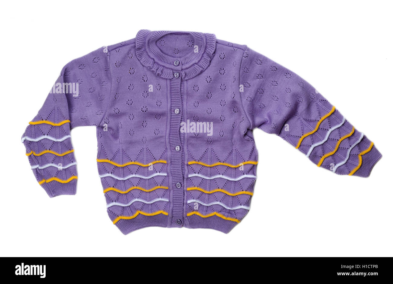 Warmes violett Strickpullover. Isolieren Sie auf weiß. Stockfoto