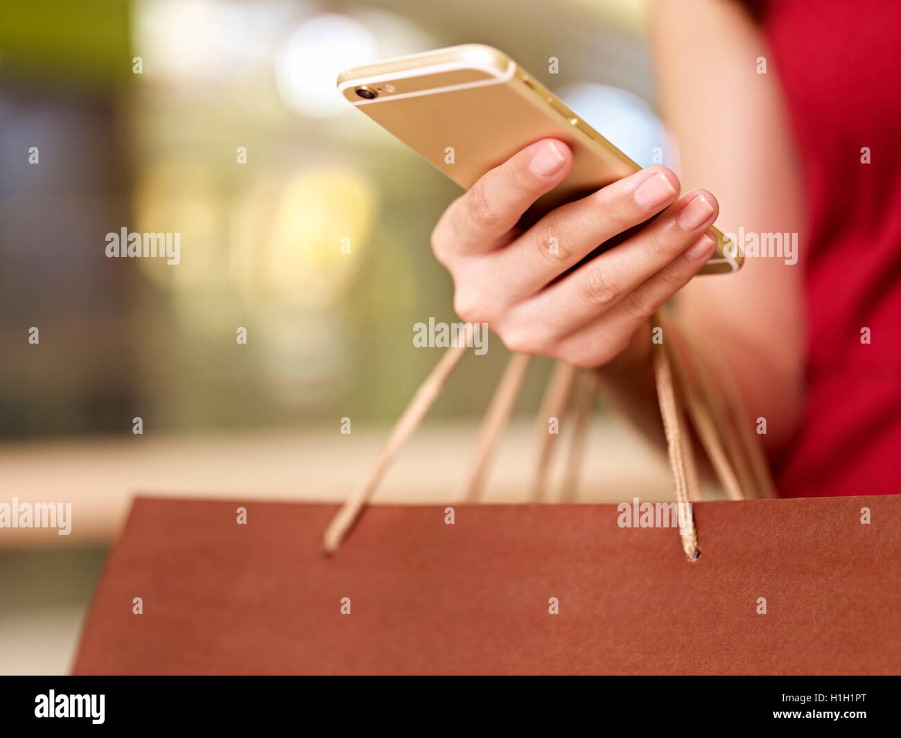 Hand einer jungen Frau, die Einkaufstaschen mit Handy Stockfoto