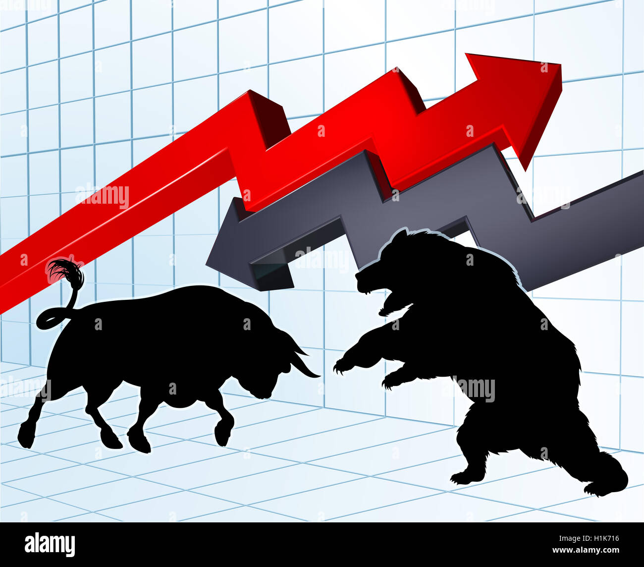 Bull im Vergleich zu einem Bären Zeichen in der Silhouette mit Börsen- oder Gewinn Grafik im Hintergrund Stockfoto