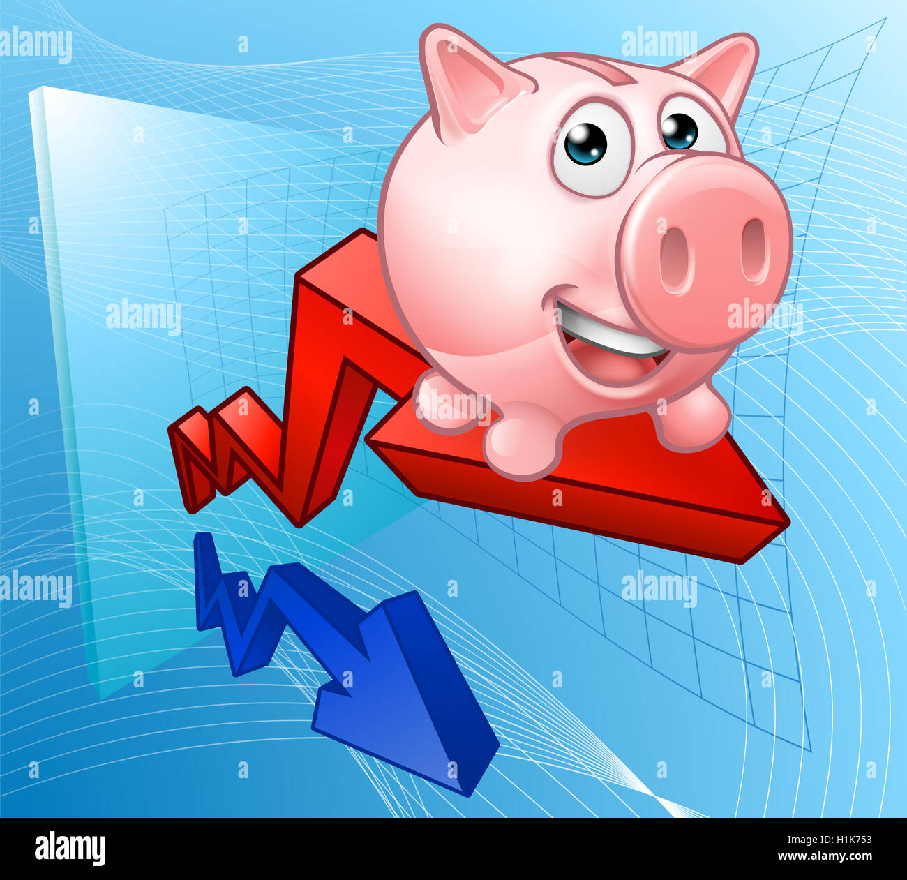 Finanzkonzept der ein Sparschwein Reiten einen roten Gewinn-Pfeil. Einsparungen oder Investitionen an der Börse beziehen könnte. Stockfoto