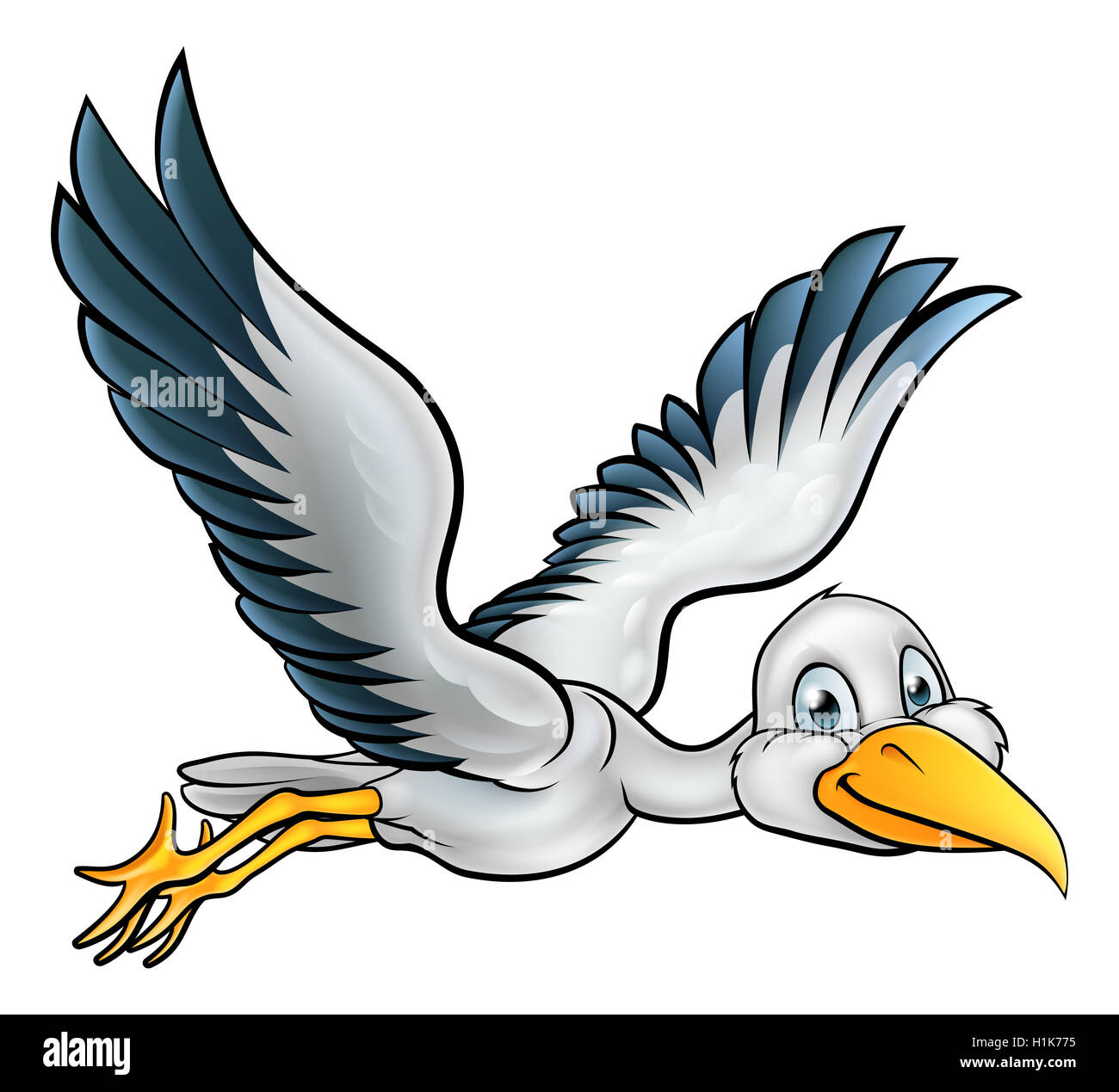 Glücklich Storch Vogel Tier Comic-Figur durch die Luft fliegen Stockfoto