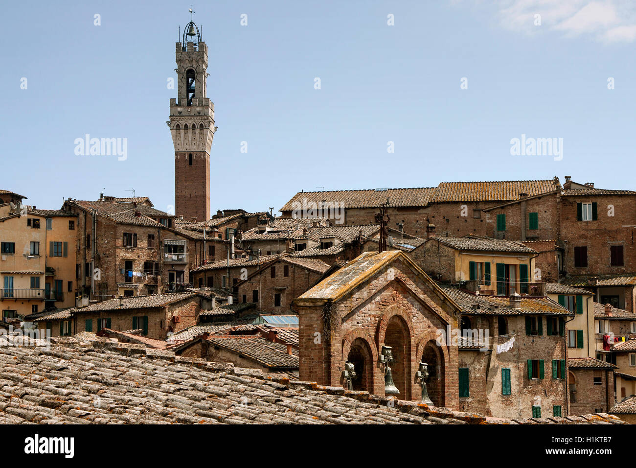 Dächer im historischen Zentrum und Torre del Mangia, Turm des Palazzo Pubblico, Siena, Provinz Siena, Toskana, Italien Stockfoto