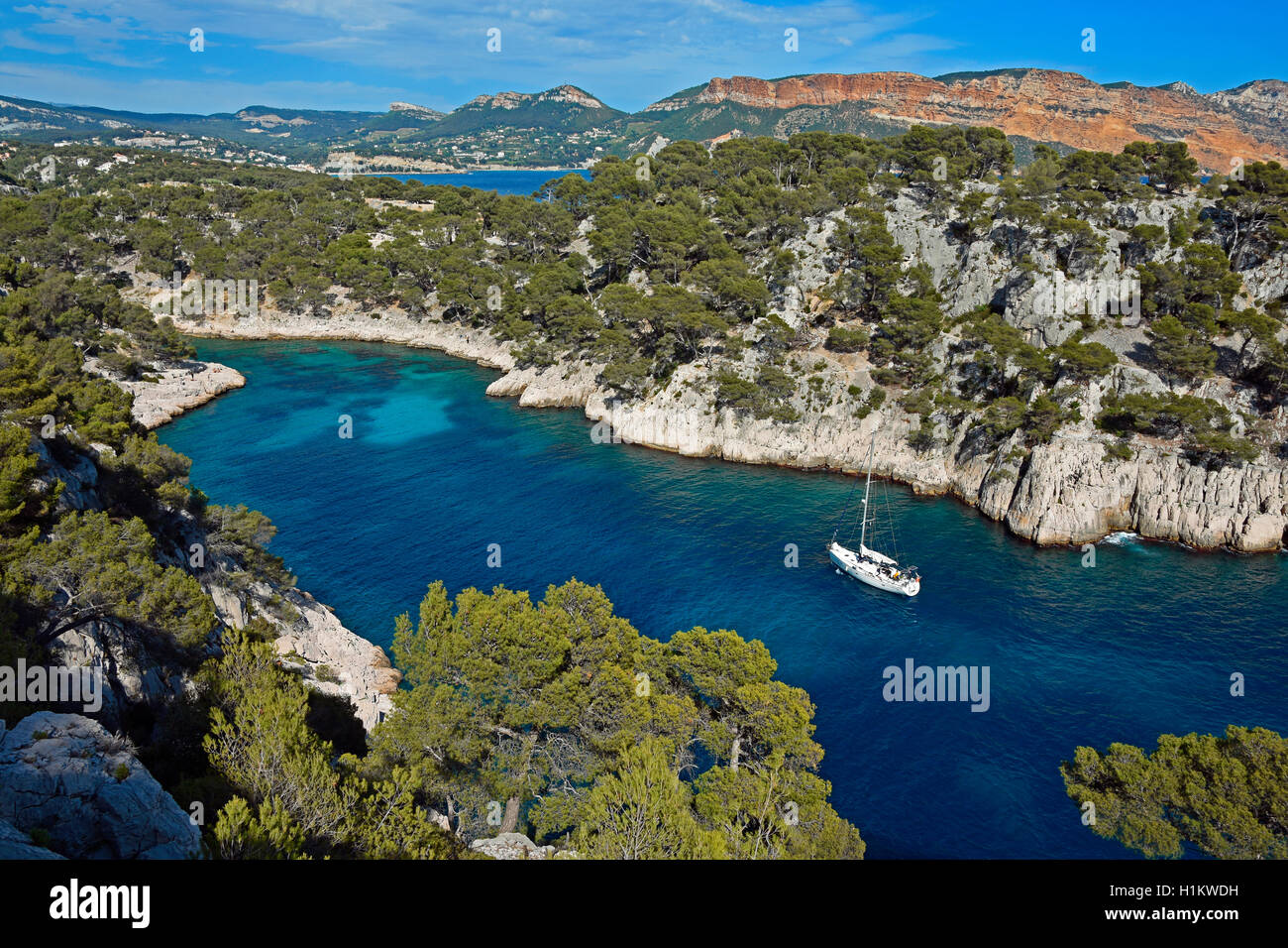 Calanque de Port Pin vor Soubeyranes Klippen, Cassis, Calanques Nationalpark, Provence, Frankreich Stockfoto