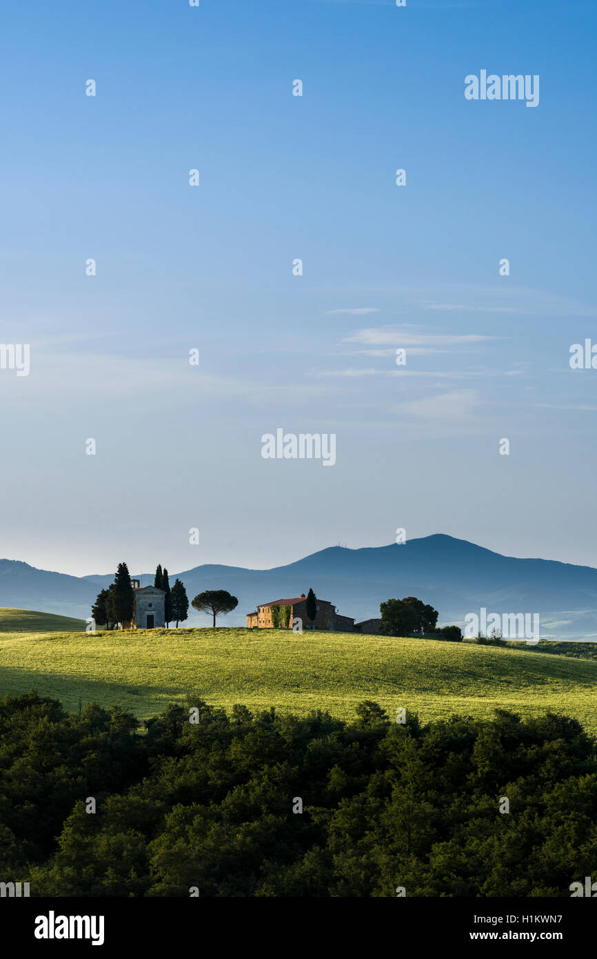 Typische Grün der toskanischen Landschaft im Val d'Orcia mit Hof und Kapelle auf einem Hügel, Felder, Zypressen, Bäume, blau, bewölkter Himmel Stockfoto