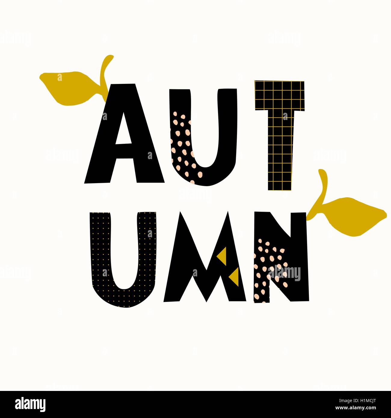 Typografischen Stildesign für die Herbstsaison mit schwarzen Buchstaben, Blatt Dekoration und geometrische Elemente, isoliert auf weißem bac Stock Vektor