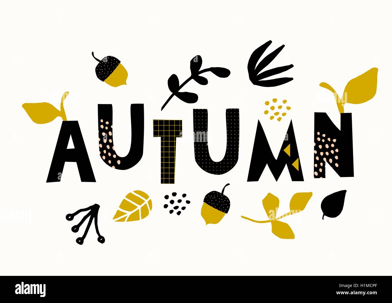 Typografischen Stildesign für die Herbstsaison mit schwarzen Buchstaben, Blumenschmuck und geometrische Elemente, isoliert auf weiß b Stock Vektor