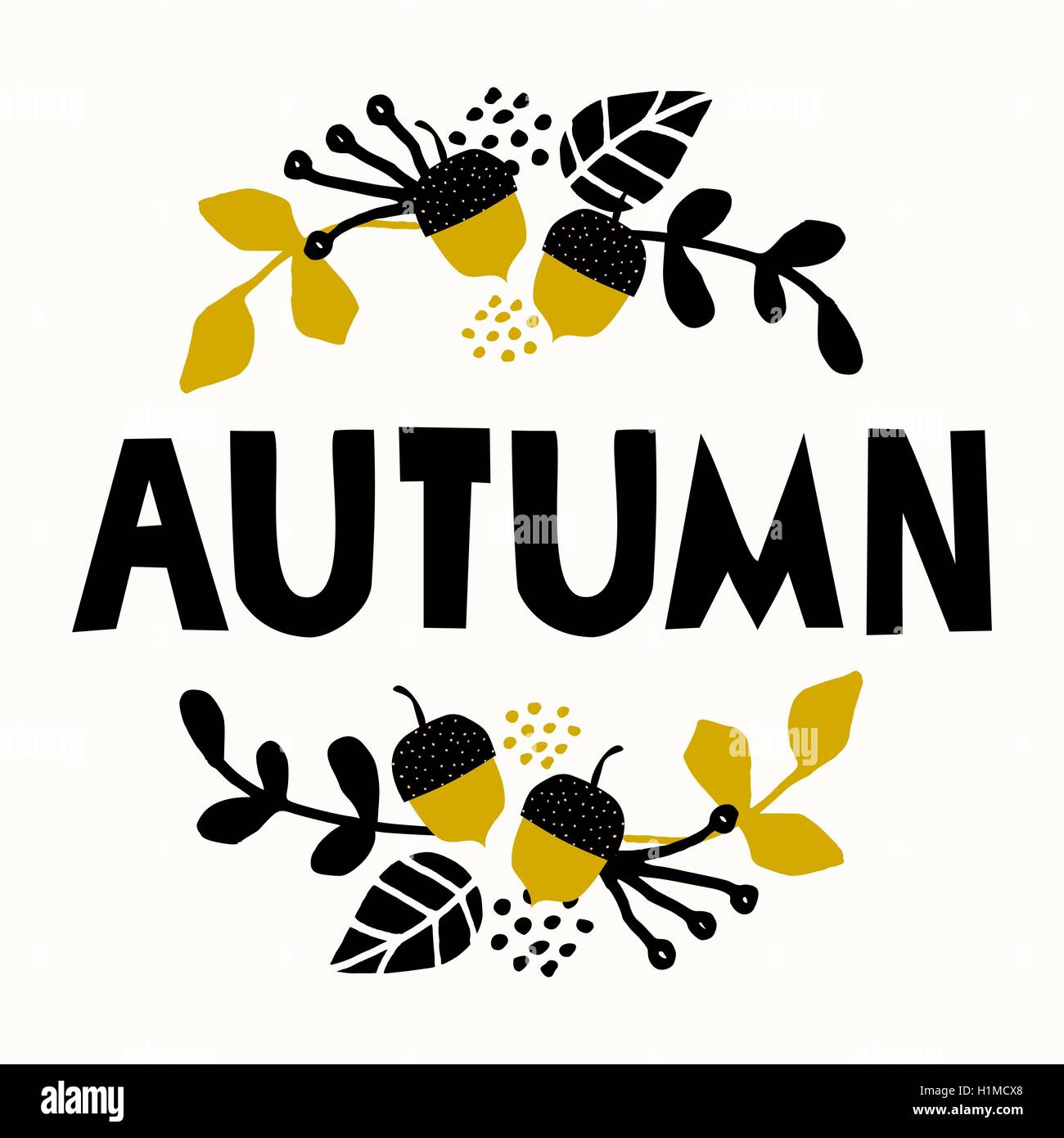 Typografischen Stildesign für die Herbstsaison mit schwarzen Buchstaben, Blumenschmuck und geometrische Elemente, isoliert auf weiß b Stock Vektor