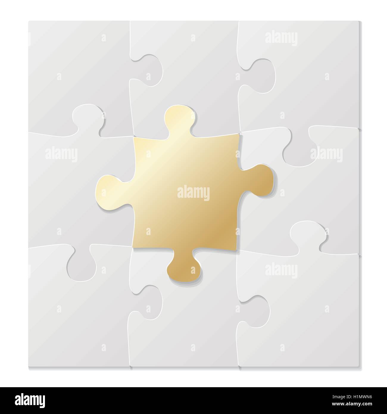 leeres Puzzle leeren Karton Fliesen verbunden, Mitte Fliese in Goldfarbe Stock Vektor
