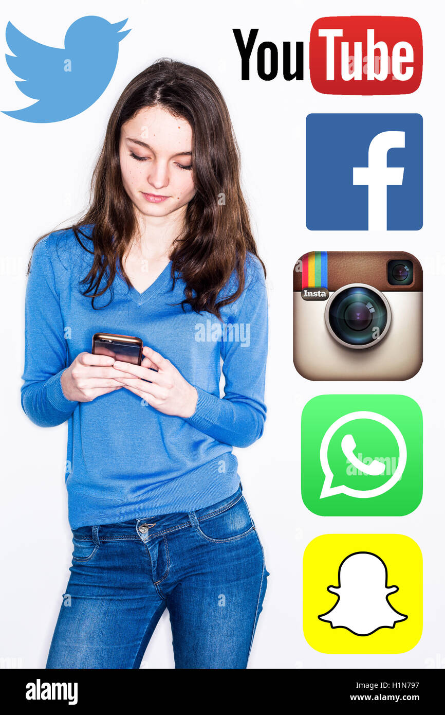 Konzeptbild in verschiedenen sozialen Netzwerken (Facebook, twitter, Instagram, You Tube, Whatsapp et Snapchat). Stockfoto