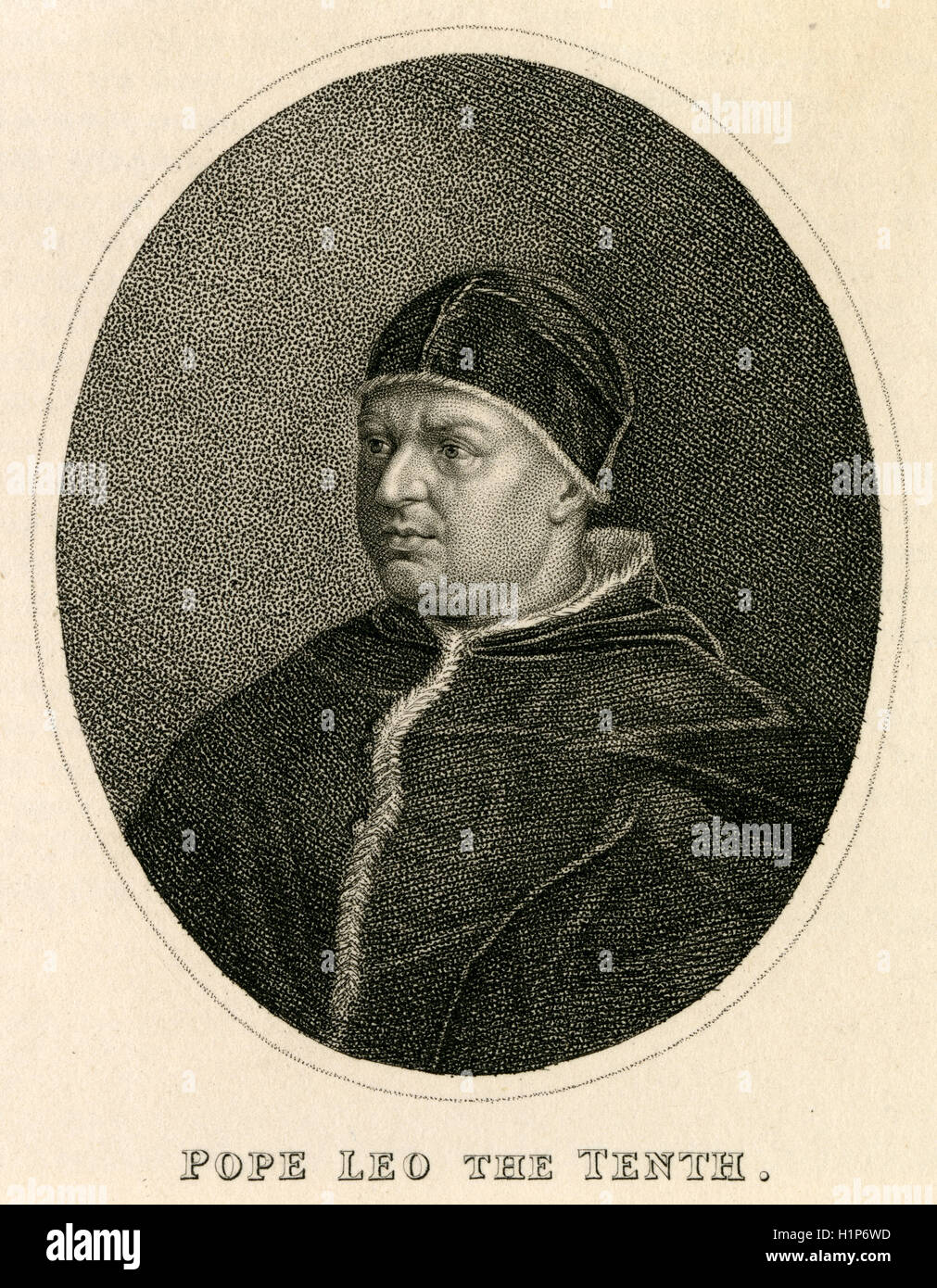 Antike c1830 Gravur, Papst Leo X. Pope Leo X (1475-1521), geboren Giovanni di Lorenzo de' Medici, war Papst von 9 März 1513 bis zu seinem Tod im Jahre 1521. [1] der zweite Sohn von Lorenzo il Magnifico, Herrscher über die florentinische Republik, wurde er die Niederlegung in 1489. QUELLE: ORIGINAL GRAVUR. Stockfoto