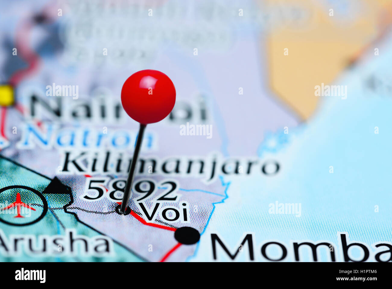 VOI fixiert auf einer Karte von Kenia Stockfoto