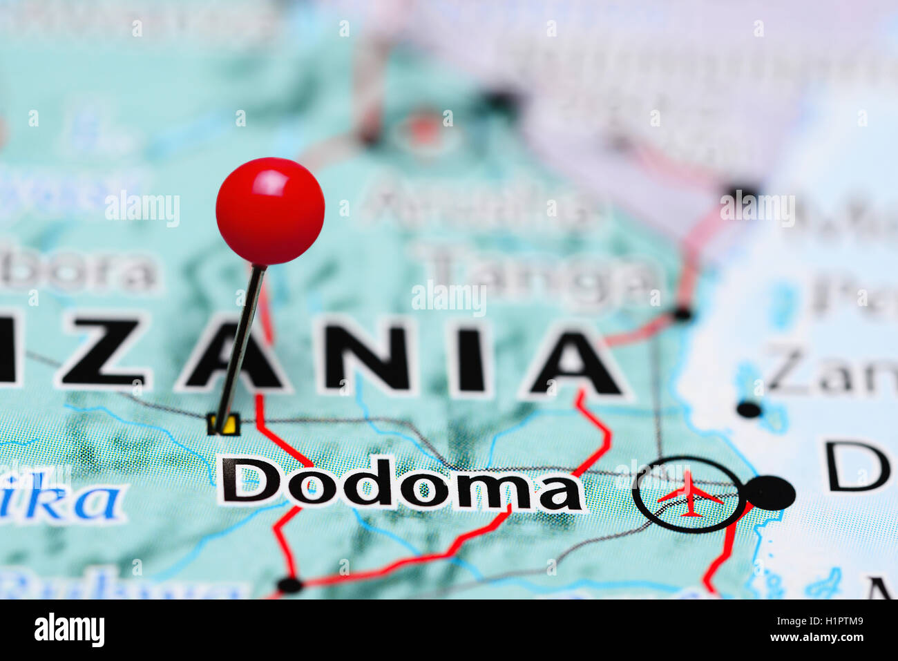 Fixiert auf einer Karte von Tansania Dodoma Stockfoto