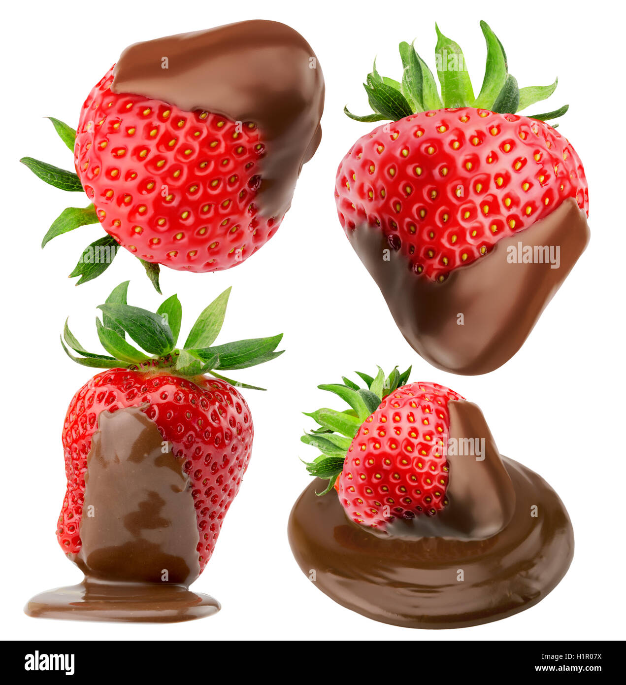 Sammlung von Erdbeeren in Schokolade auf dem weißen Hintergrund isoliert. Stockfoto