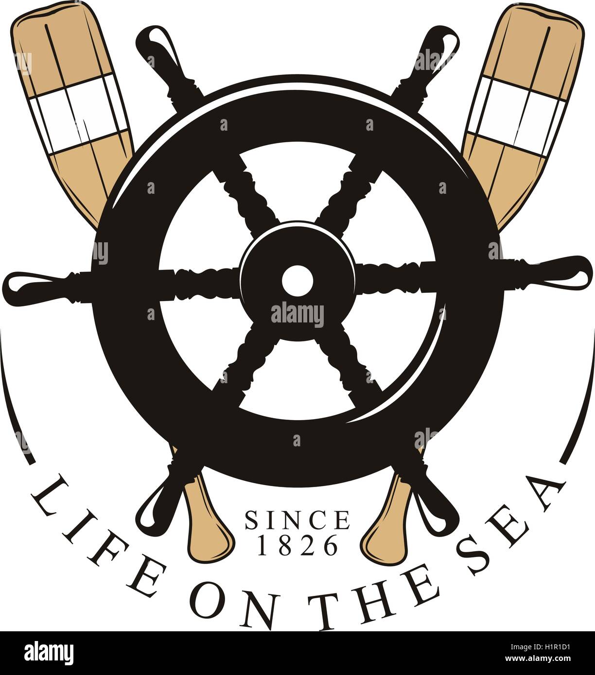 das Ruder eines Bootes mit zwei Ruder hinter Holz und schreiben Leben auf dem Meer Stock Vektor