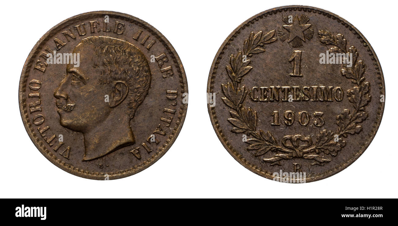 Ein 1cent Lire Kupfer Münze 1903 Wert Umberto I Königreich von Italien, Minze von Rom, Umberto ich Leiter der Front, Wert Laurel am Rücken Stockfoto