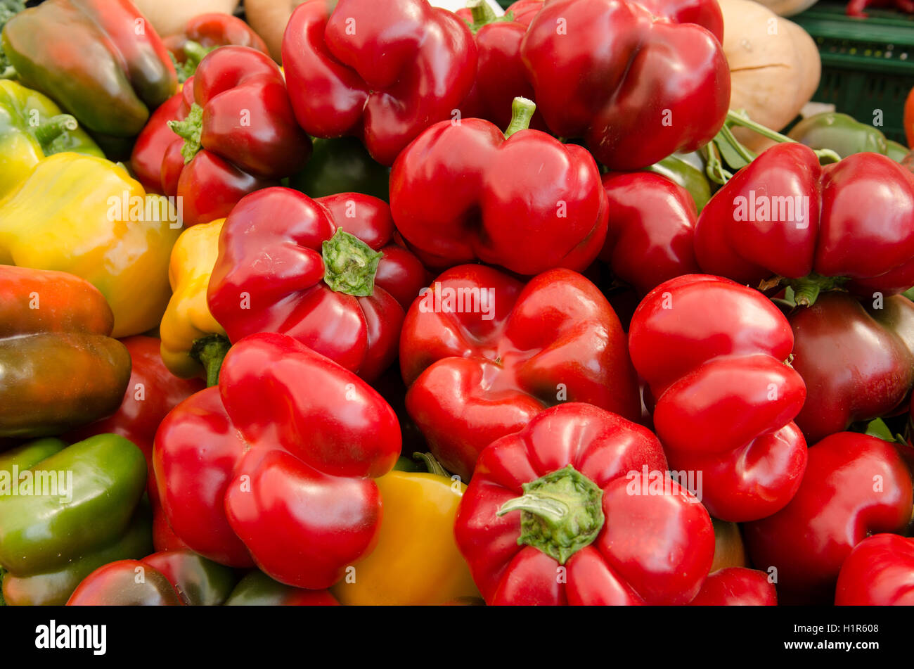 Stapel von Paprika in verschiedenen Farben auf einem Gemüsemarkt Stockfoto