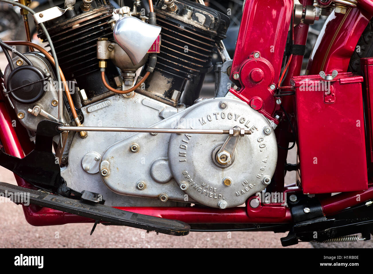 1924 500 cc Indian Scout Motorrad Motor. Klassische amerikanische Motorrad an vmcc Banbury ausführen. Oxfordshire, England. Stockfoto