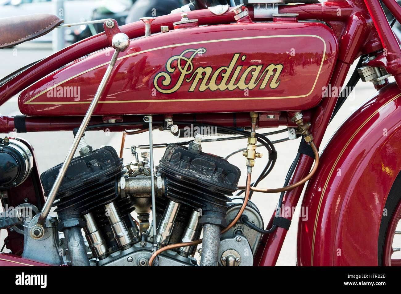1928-Indian 101 Scout-Motorrad. Klassische amerikanische Motorrad am VMCC Banbury Durchlauf. Oxfordshire, England. Stockfoto