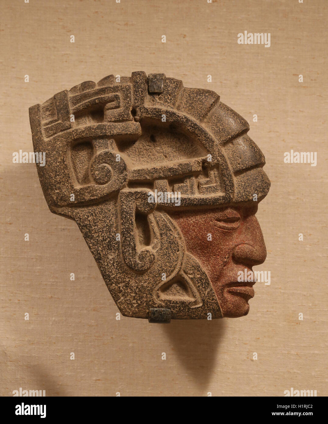 Amerika. Mexiko. Veracruz. Krieger Kopf Hacha. 6.-8. Jahrhundert. Stein, Pigment. Mexiko. Stockfoto