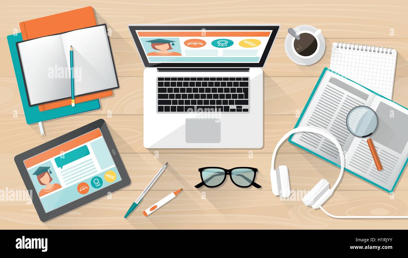 E-Learning, Bildung und Universität Banner, Schülers Schreibtisch mit Laptop, Tablet und Bücher Stock Vektor