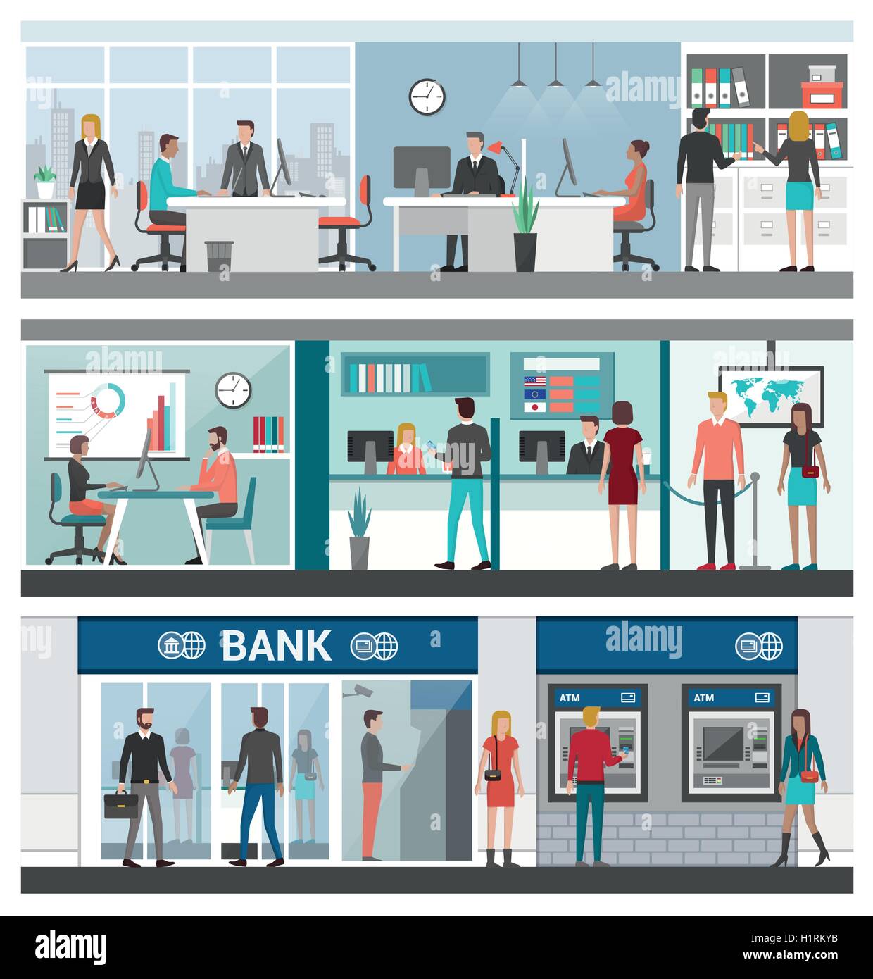 Bank und Finanz-Banner-Set, Geschäftsleute arbeiten im Büro, Finanzberater, Kassierer, atm und Bank-Eingang Stock Vektor