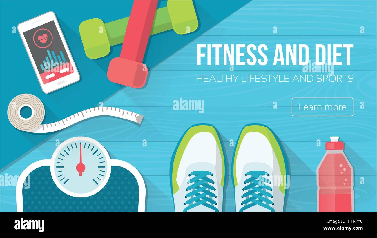 Fitness, Sport, Ernährung und gesunde Lebensweise Banner mit textfreiraum und Trainingsgeräte Stock Vektor