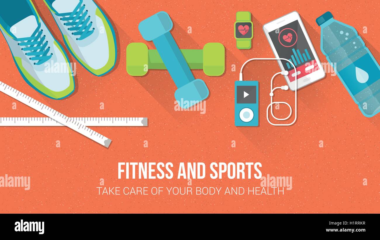 Fitness, Sport, Ernährung und gesunde Lebensweise Banner mit textfreiraum und Trainingsgeräte Stock Vektor