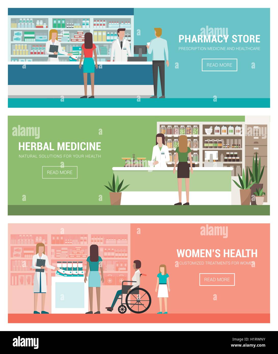 Gesundheitswesen, Pharmazie und Medizin Banner set mit Ärzten und Patienten: Apotheke und Botaniker Shop Stock Vektor