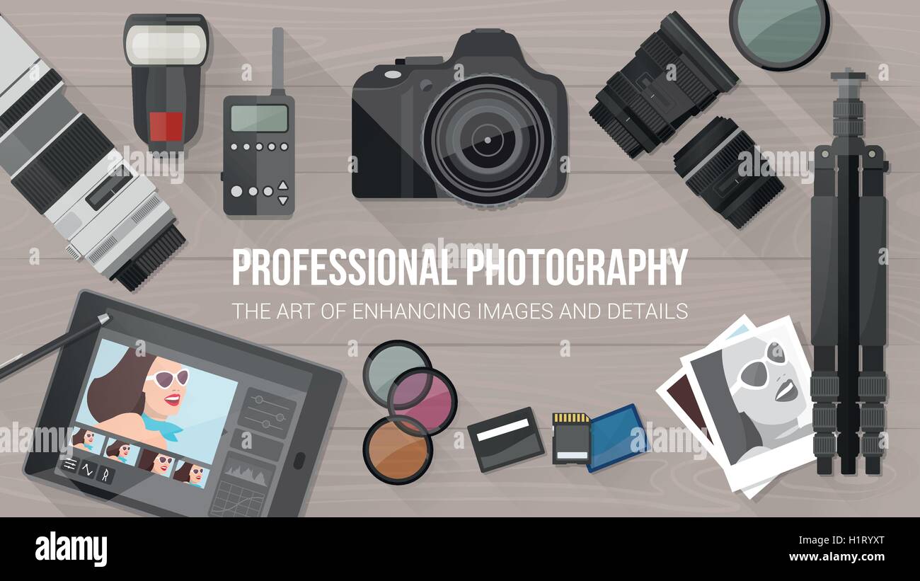 Professioneller Fotograf Ausrüstung auf dem Schreibtisch, Foto-Bearbeitung und Aufnahme Konzept, Banner mit Textfreiraum Stock Vektor
