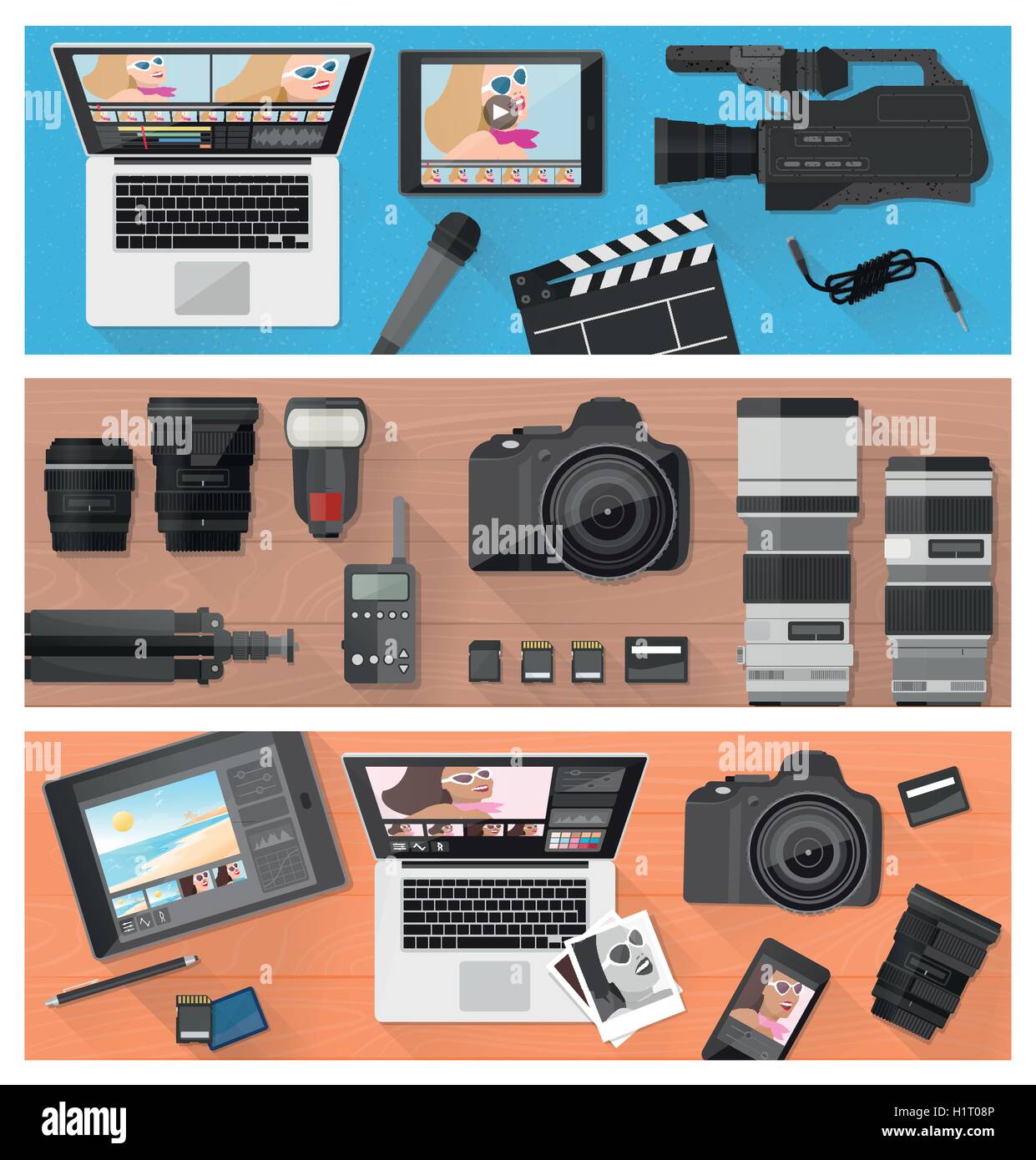 Foto, Videofilmen und Foto-Bearbeitungs-Banner-Set mit professionellen Geräten, Laptops und Kamera, flache lay Stock Vektor