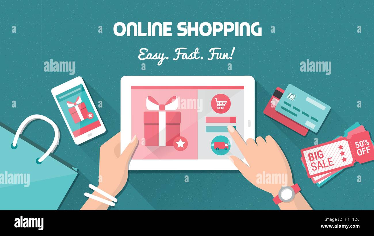 Einkaufs- und Lieferservice Onlinekonzept, Frau Fashion-Produkte zu kaufen, ein e-Shop mit einem digital Touch-Screen-Tablette, flach legen Stock Vektor