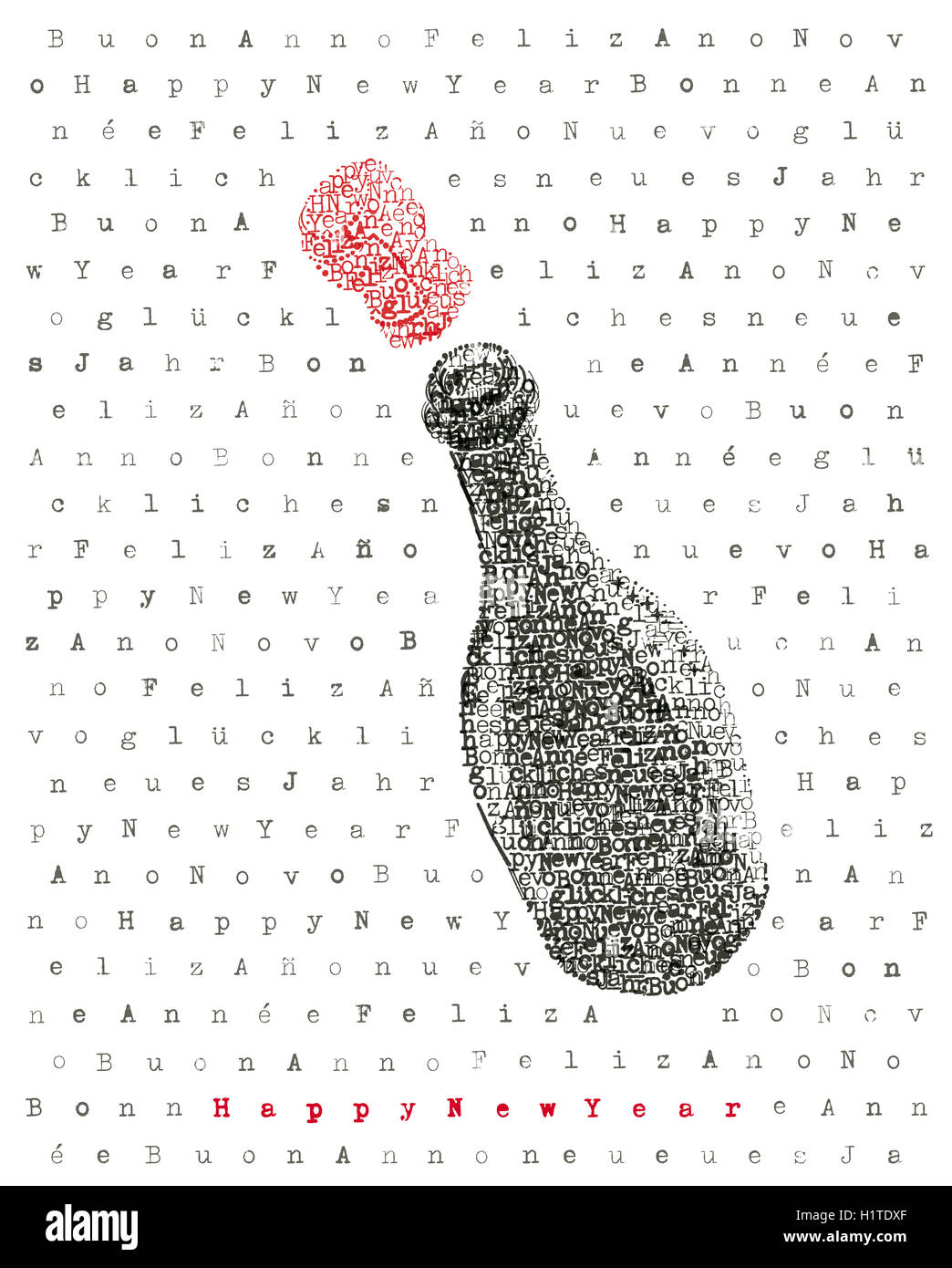 Frohes neues Jahr Champagner Flasche in der Schreibmaschine Kunst Stockfoto