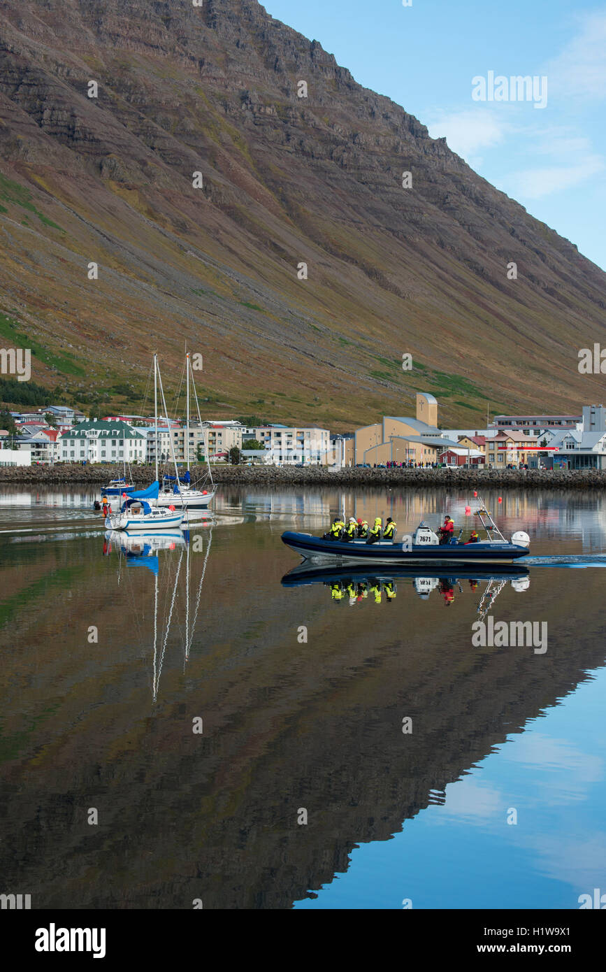 Islands Westfjorde. Isafjördur, die größte Stadt im Westfjors mit etwa 3.000 Menschen. Stockfoto