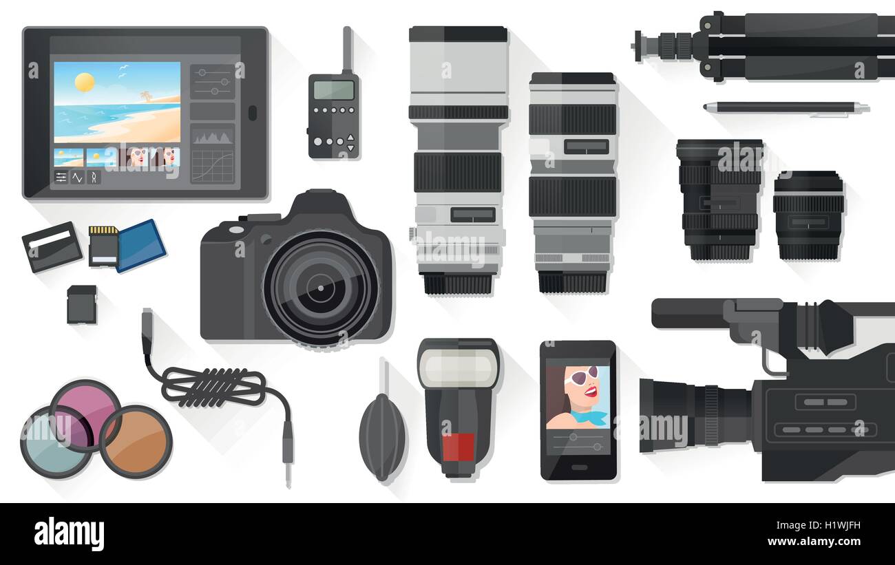 Video, Fotografie und in Post Produktion Banner mit professionellem Equipment, flach zu legen Stock Vektor