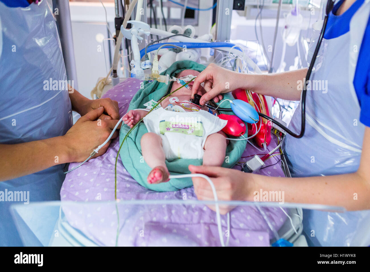 Neugeborenes Baby platziert unter Unterstützung der Atmung. Stockfoto
