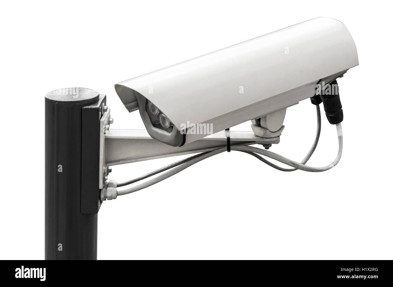 Outdoor-Überwachungskamera isoliert auf weißem Hintergrund. Stockfoto