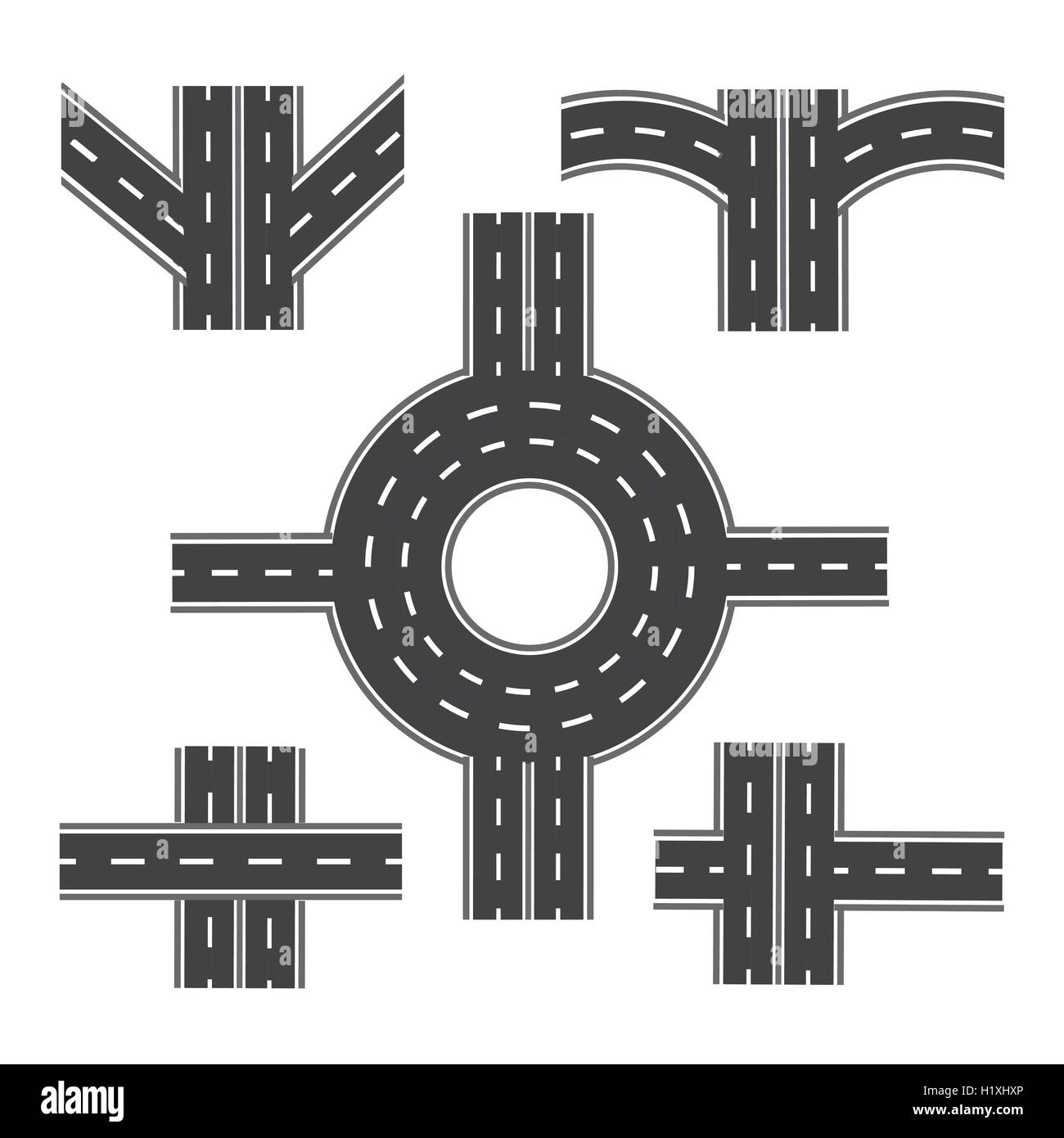 Satz von verschiedenen Straßenabschnitten mit verschiedenen Kreuzungen und Kreisverkehre. Abbildung Stock Vektor