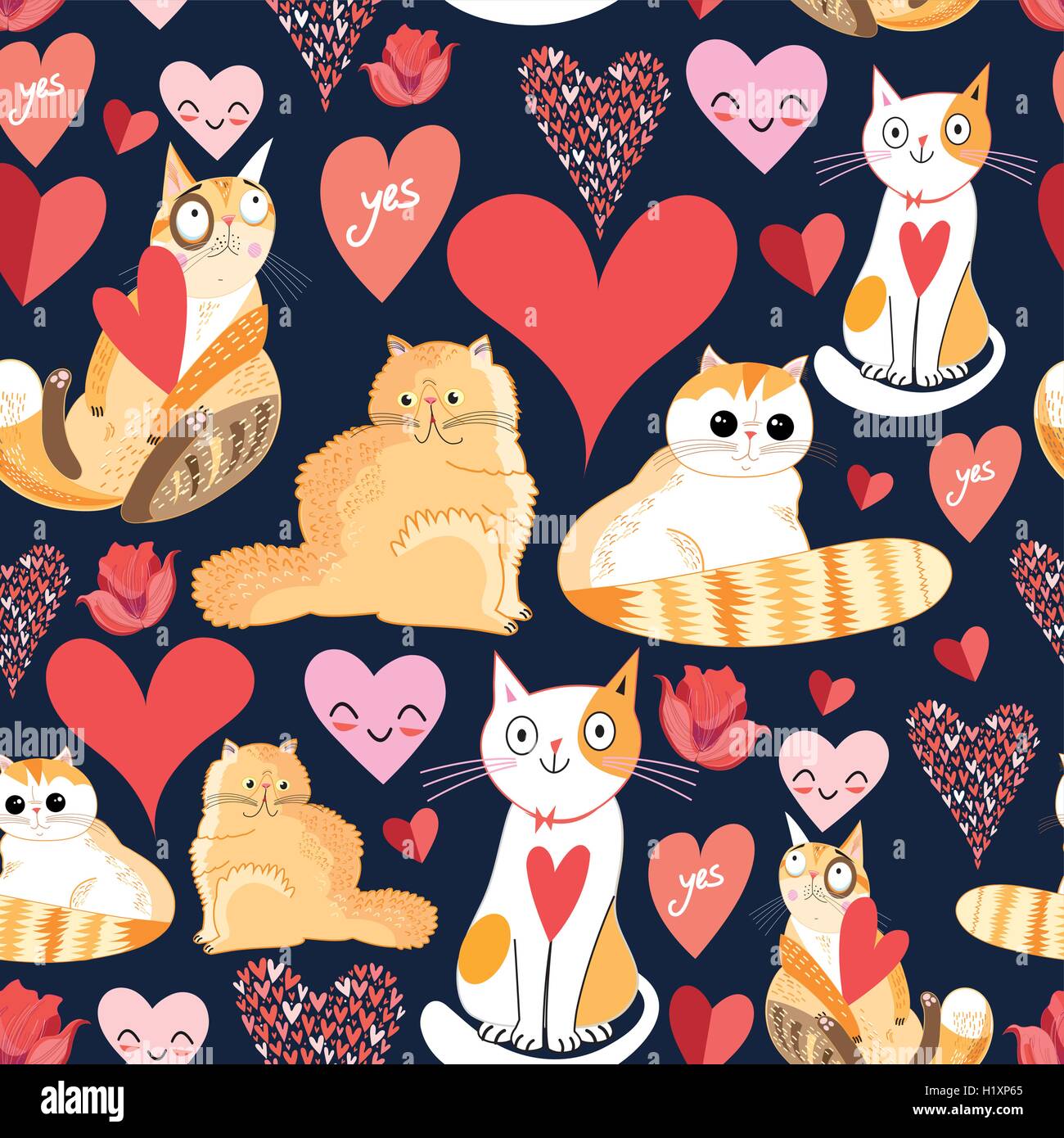 Hellen Musterdesign mit Katzen Liebhaber und Herzen auf einem dunklen Hintergrund Stock Vektor