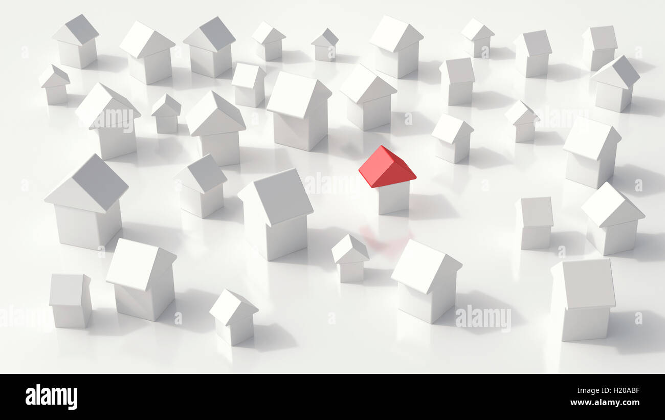 Gruppe von Einfamilien-Häusern auf weißem Grund, 3D Rendering Stockfoto