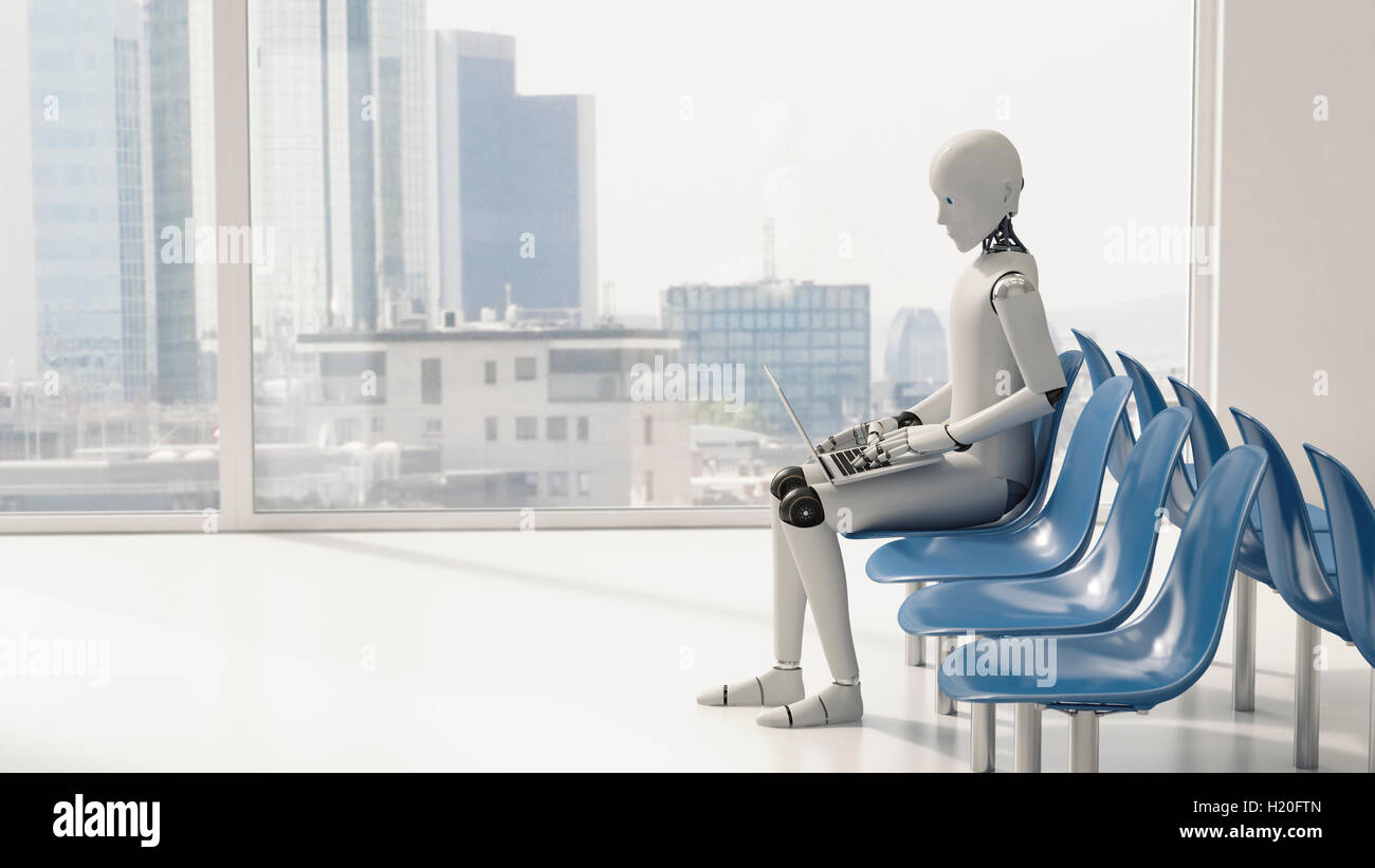 Roboter im Wartebereich sitzen mit laptop Stockfoto