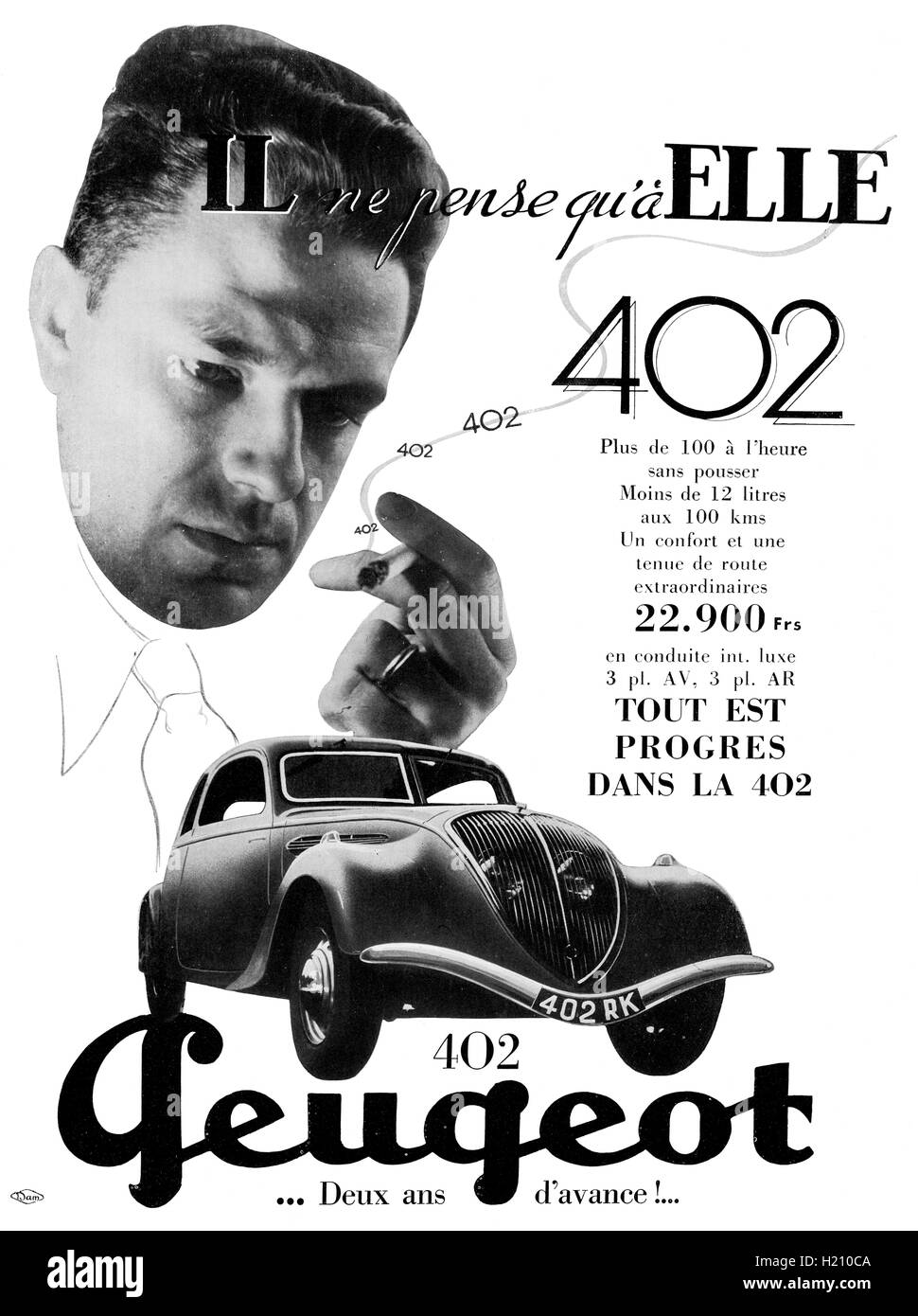 Autowerbung von Peugeot 402. Vogue Magazin, März 1936. Französische Ausgabe. Stockfoto