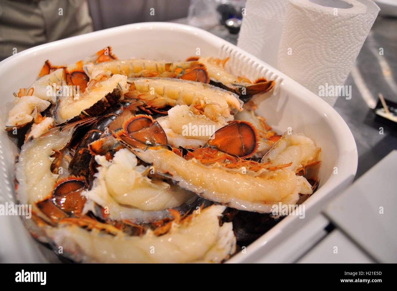 Hong Kong, China - 8. September 2015: Köstliche Meeresfrüchte werden wunderschön auf einer Meeresfrüchte-Messe in Hong Kong Stockfoto