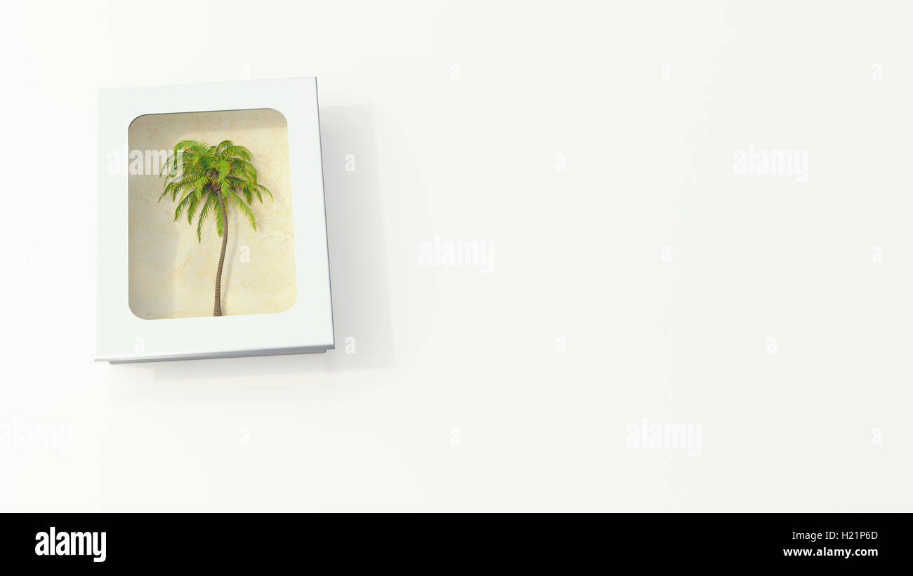 Palme in einem weißen Feld auf weißem Grund, 3D Rendering Stockfoto