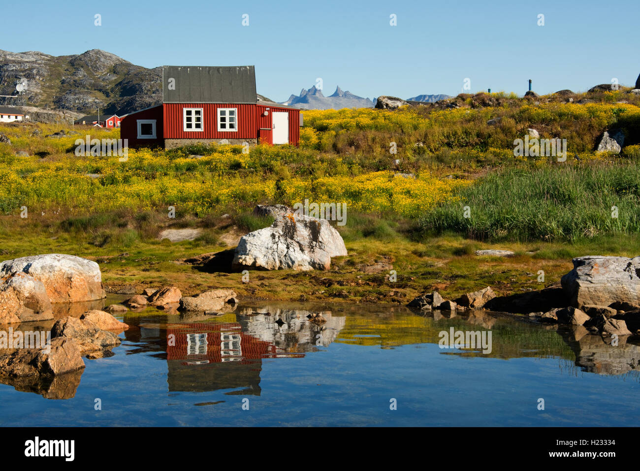 Europa, Grönland, Kujalleq Gemeinde, Nanortalik (Ort der Eisbären), typische Gehäuse im alten Hafen Stockfoto