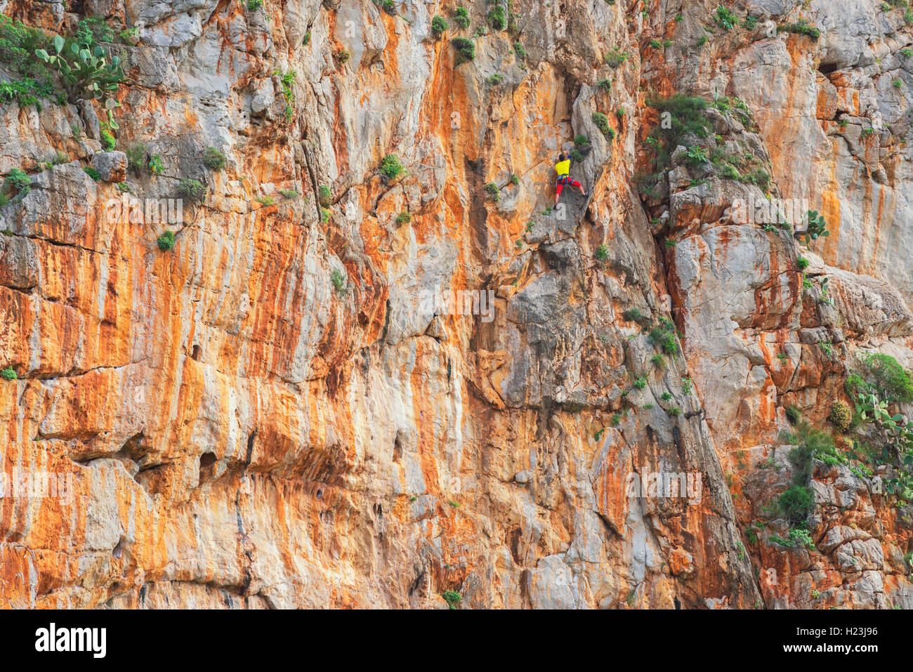 Man klettert auf Fels, Klettern Festival, San Vito Lo Capo, Sizilien, Italien Stockfoto