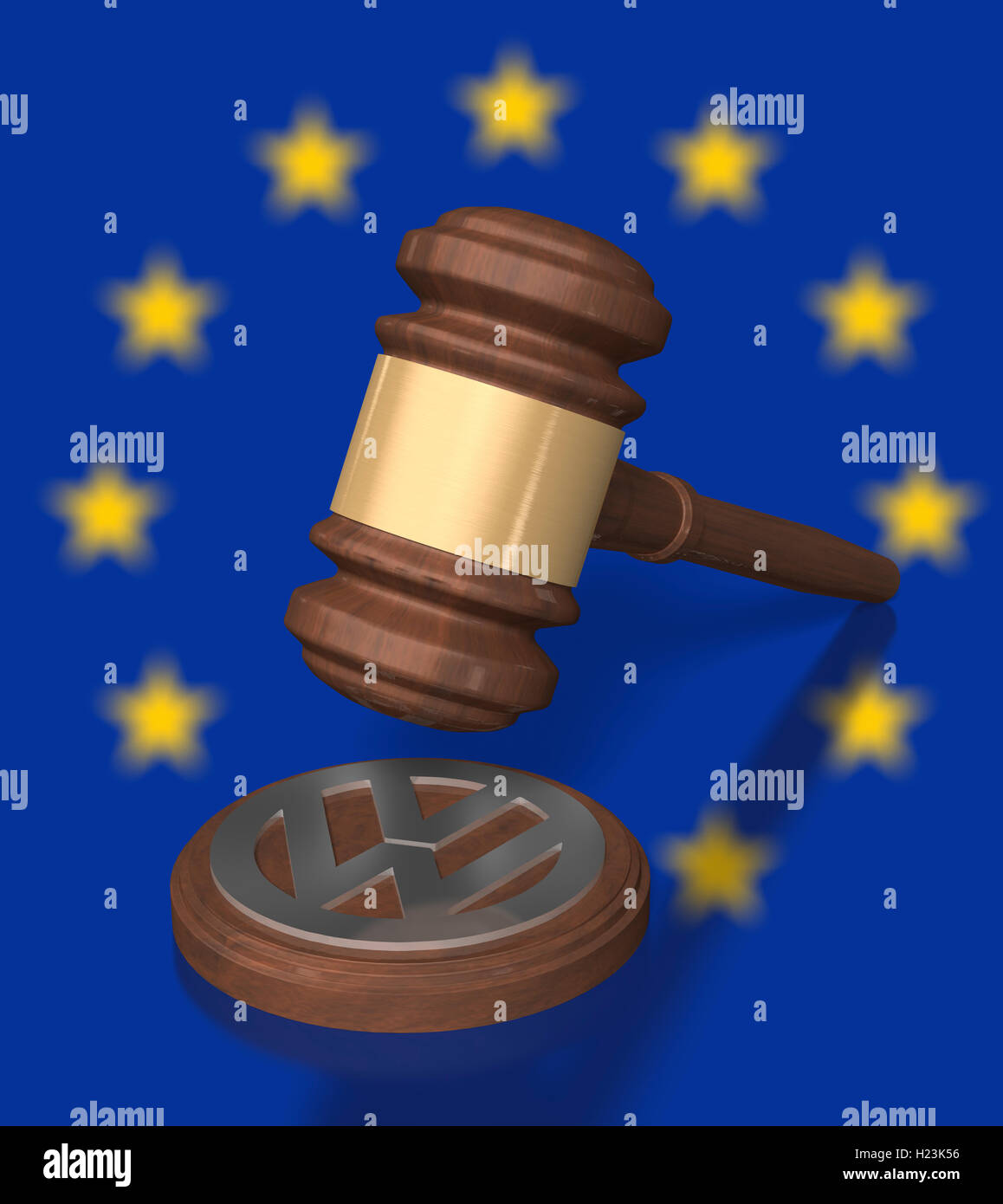 Hammer vor EU-Sterne, VW-Logo auf dem Block Stockfoto