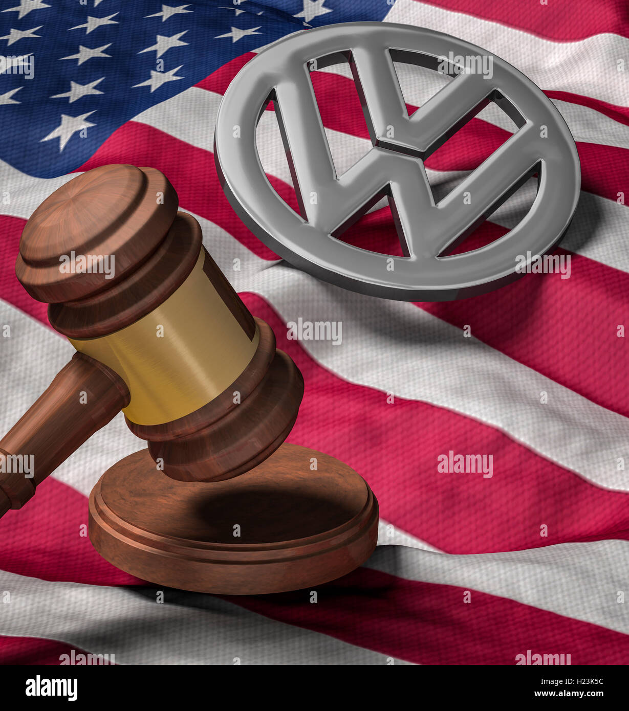 Auf der US-Flagge Hammer, VW-Logo, Emissionen Skandal Stockfoto
