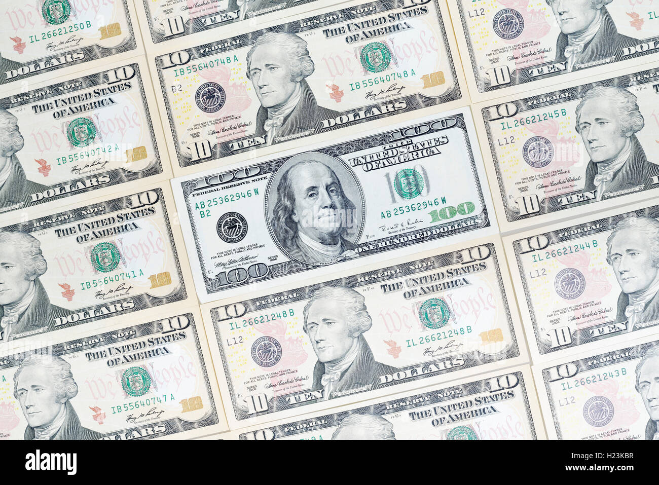 Verschiedene US-Dollarnoten, 10, 100 Dollar Bill Stockfoto